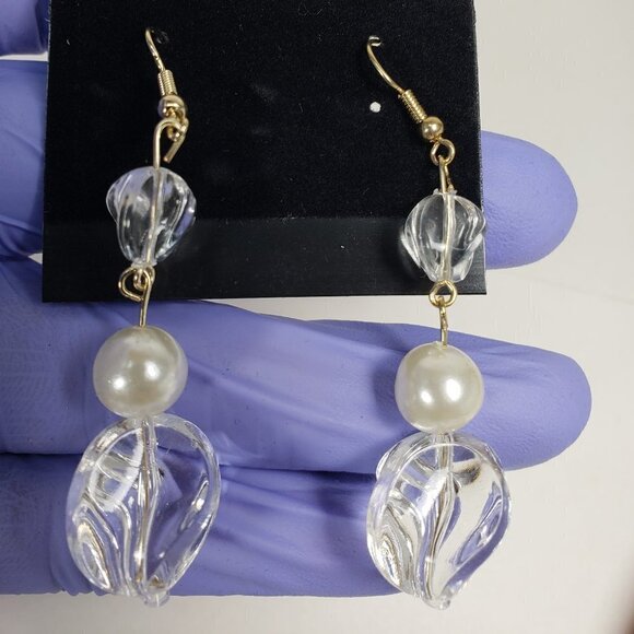 Clear Twisted Bead Drop Earrings w/ Off-white Accent Modern Statement Dangle - Picture 3 of 9